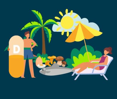 Grafik einer Frau und eines Mannes im Sommer mit Palmen, Sonne und Liegestuhl