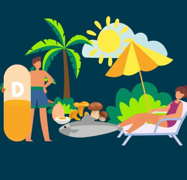 Grafik einer Frau und eines Mannes im Sommer mit Palmen, Sonne und Liegestuhl